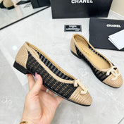 BALLET FLAT 10 MM IN BLACK MIX BEIGE RAFFIA