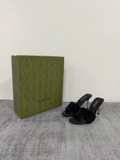 GUCCI 26S MULE SANDALS 85MM IN BLACK VELVET GG EMBOSSED