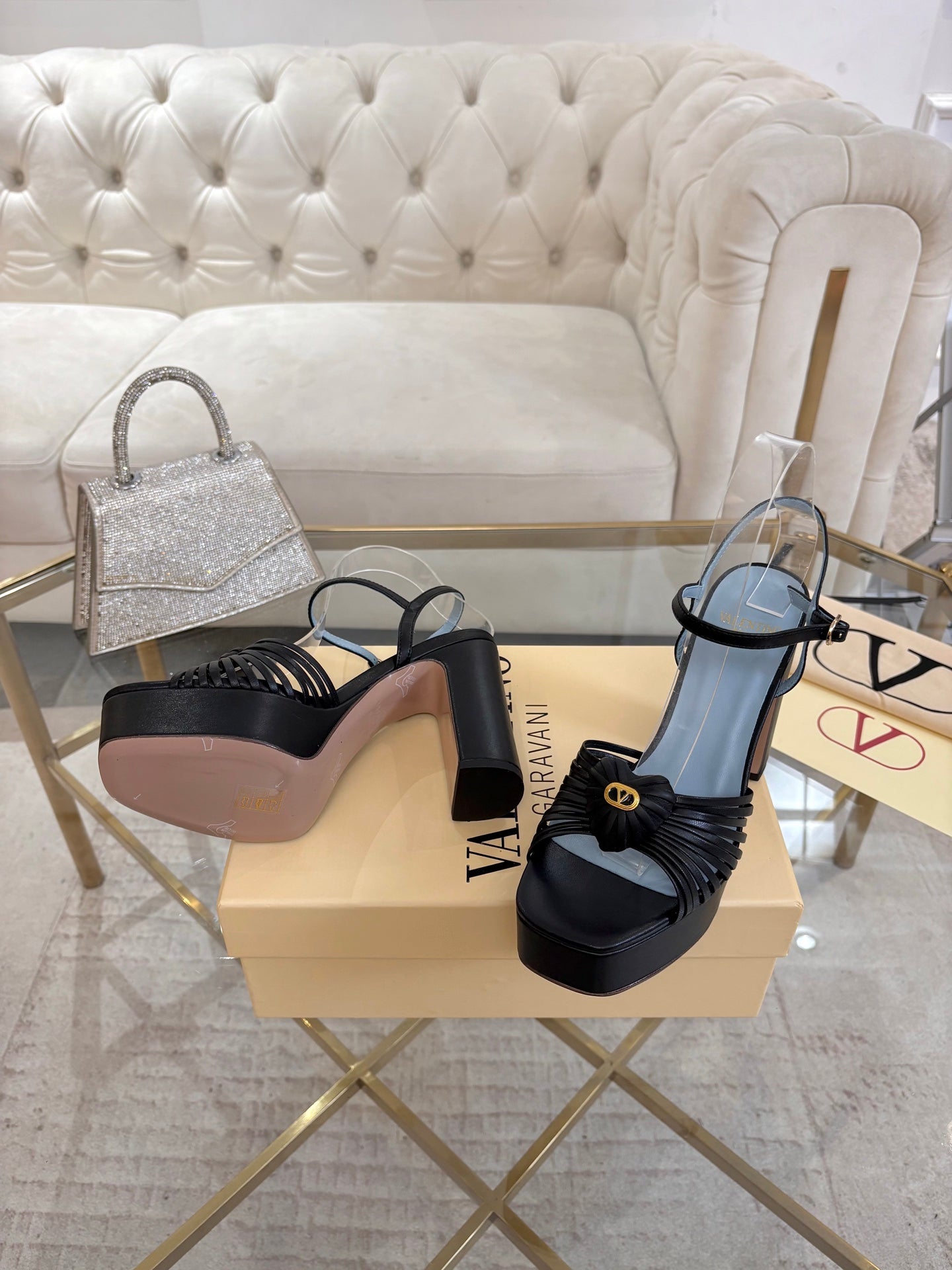 VALENTINO 26S PLATFORM SANDALS 110 MM IN BLACK AND BLUE CALFSKIN