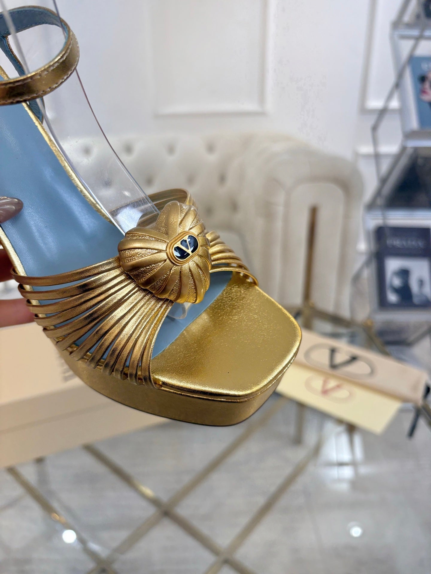 VALENTINO 26S PLATFORM SANDALS 110 MM IN GOLD AND BLUE CALFSKIN