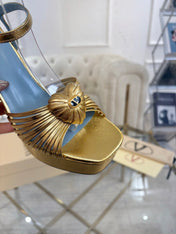 VALENTINO 26S PLATFORM SANDALS 110 MM IN GOLD AND BLUE CALFSKIN