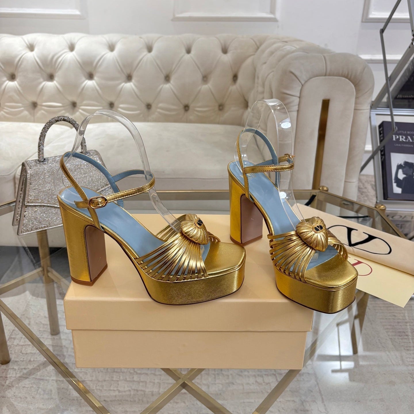 VALENTINO 26S PLATFORM SANDALS 110 MM IN GOLD AND BLUE CALFSKIN
