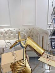VALENTINO 26S PLATFORM SANDALS 110 MM IN GOLD AND BLUE CALFSKIN
