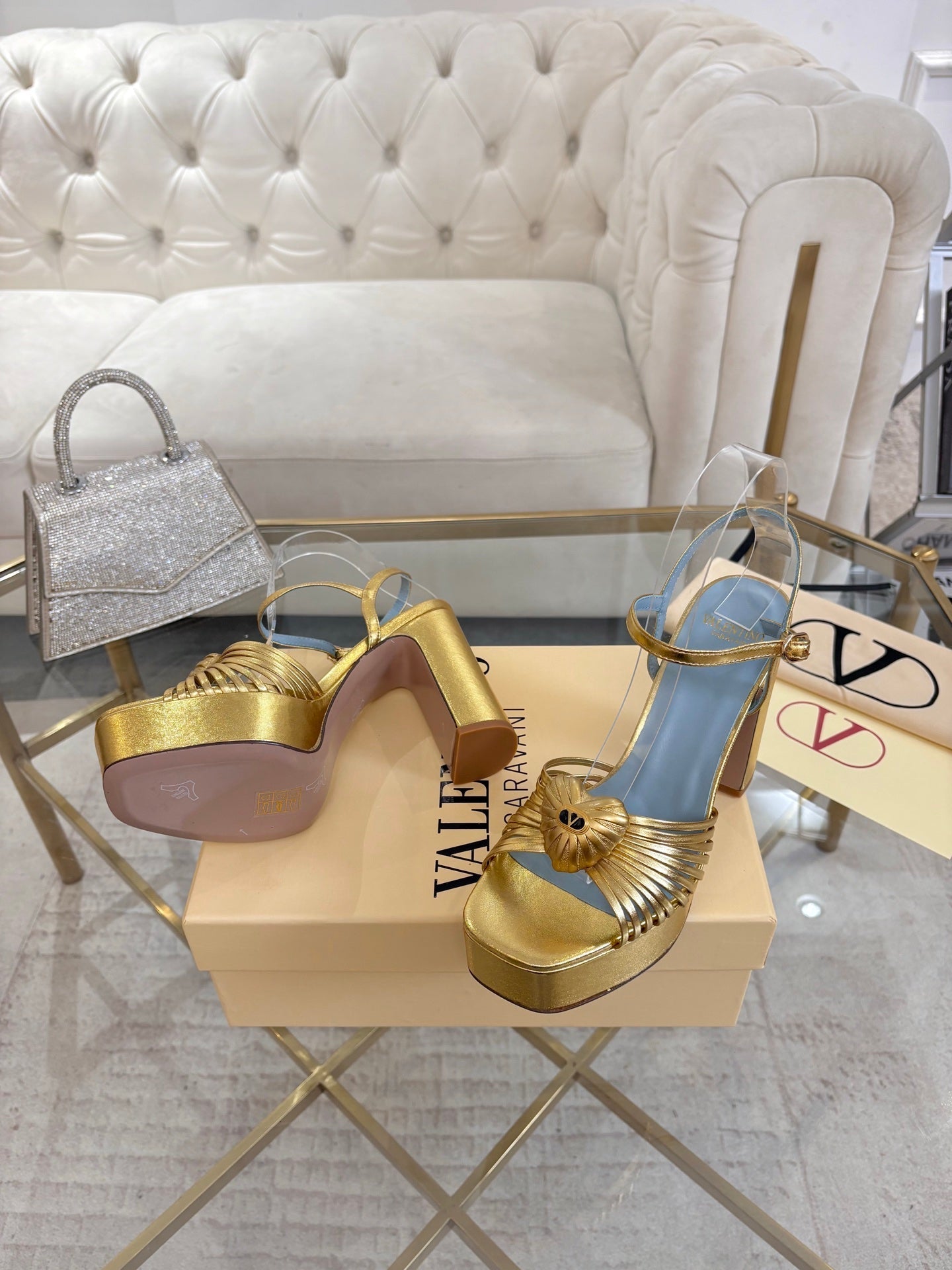 VALENTINO 26S PLATFORM SANDALS 110 MM IN GOLD AND BLUE CALFSKIN