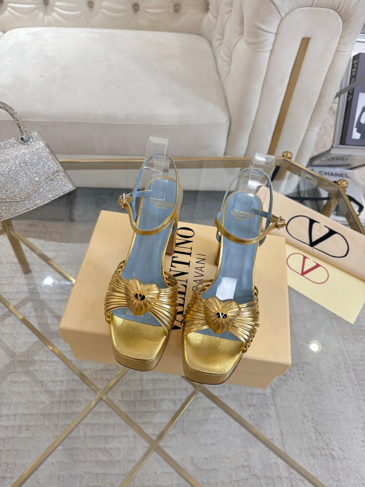VALENTINO 26S PLATFORM SANDALS 110 MM IN GOLD AND BLUE CALFSKIN