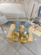 VALENTINO 26S PLATFORM SANDALS 110 MM IN GOLD AND BLUE CALFSKIN