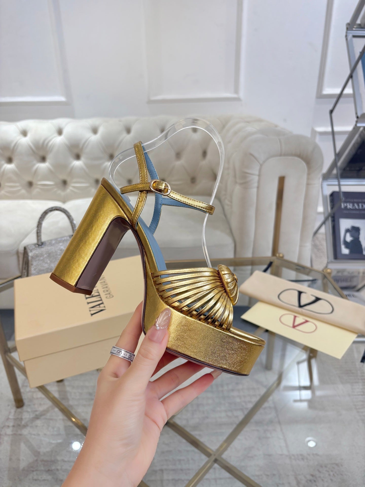 VALENTINO 26S PLATFORM SANDALS 110 MM IN GOLD AND BLUE CALFSKIN