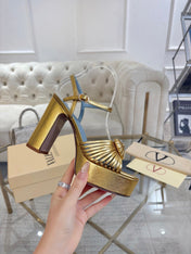VALENTINO 26S PLATFORM SANDALS 110 MM IN GOLD AND BLUE CALFSKIN