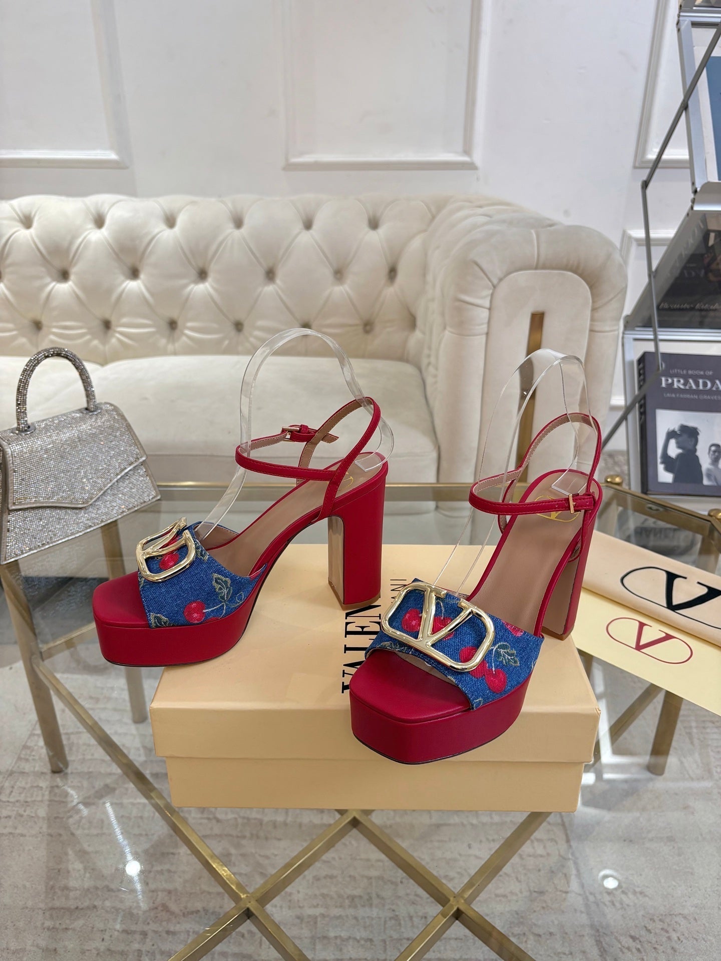 VALENTINO 26S PLATFORM SANDALS 110 MM IN RED CALFSKIN AND BLUE DENIM