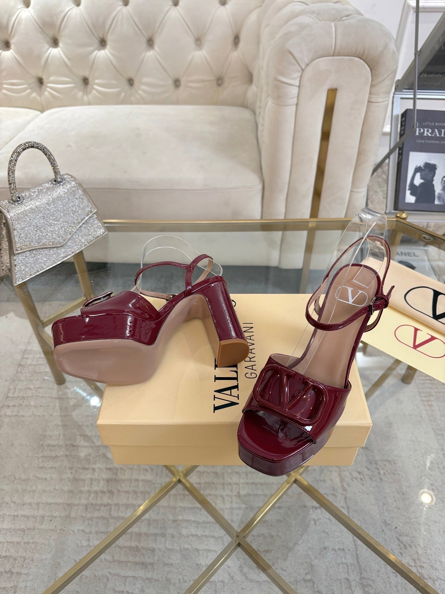 VALENTINO 26S PLATFORM SANDALS 110 MM IN DARK RED GLOSSY CALFSKIN