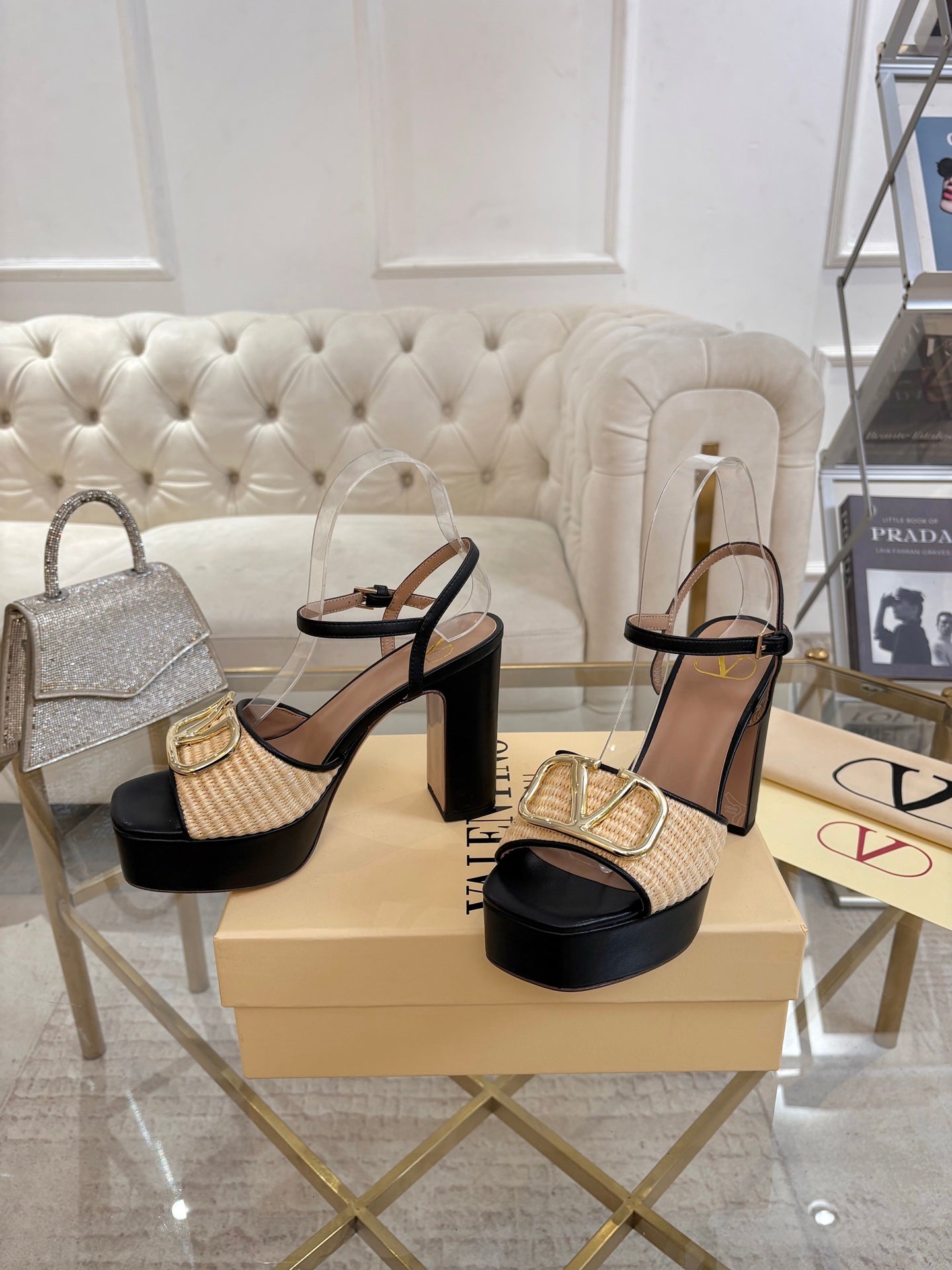 VALENTINO 26S PLATFORM SANDALS 110 MM IN BLACK CALFSKIN AND BEIGE RAFFIA