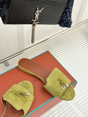 FLAT SANDALS IN MOSS YELLOW SUEDE AND LAMBSKIN