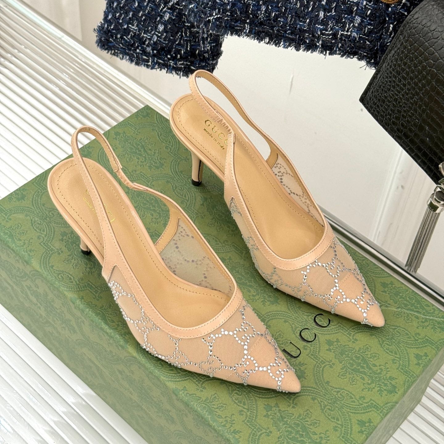 GG HIGH SLINGBACK 8.5 CM IN BEIGE CLASSIC POINTED-TOE MESH WITH RHINESTONE EMBELLISHMENTS