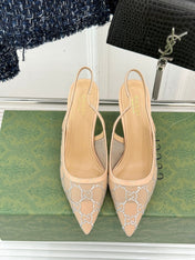 GG HIGH SLINGBACK 8.5 CM IN BEIGE CLASSIC POINTED-TOE MESH WITH RHINESTONE EMBELLISHMENTS