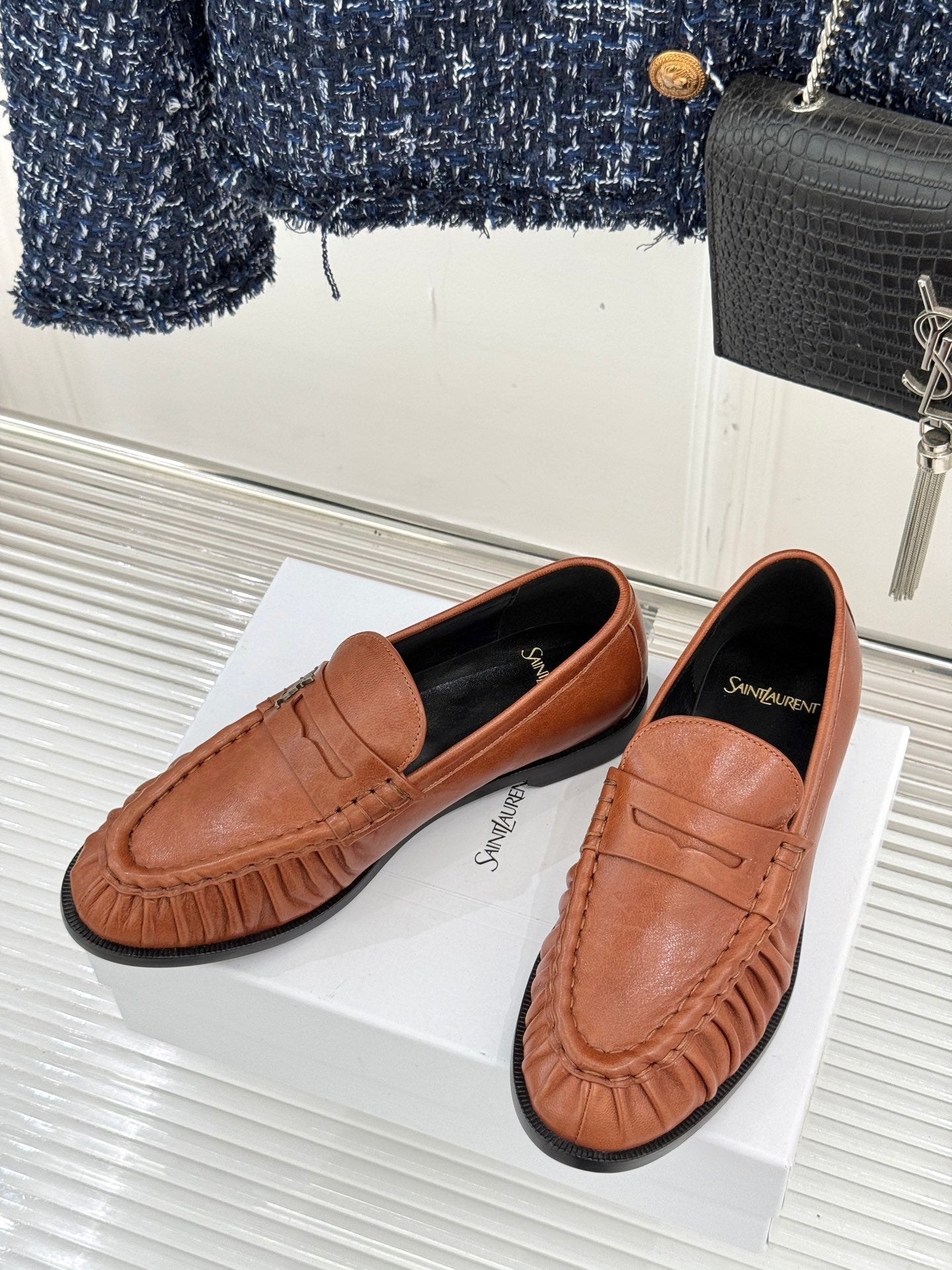 YSL 25S LOAFERS IN BURNT ORANGE BROWN LAMBSKIN