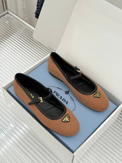 PRADA 26S MARY JANE  FLATS IN CAMEL BROWN FELTED FABRIC