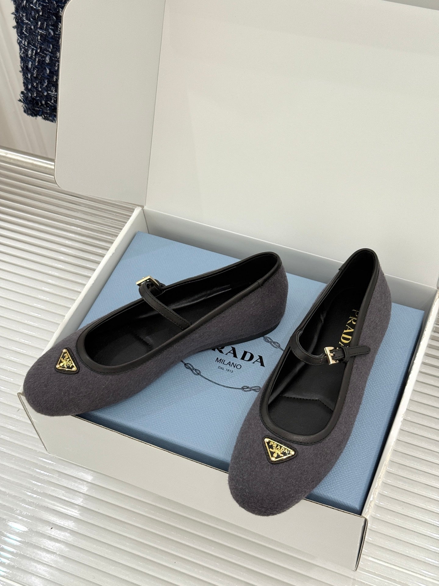PRADA 26S MARY JANE  FLATS IN CHARCOAL GREY FELTED FABRIC
