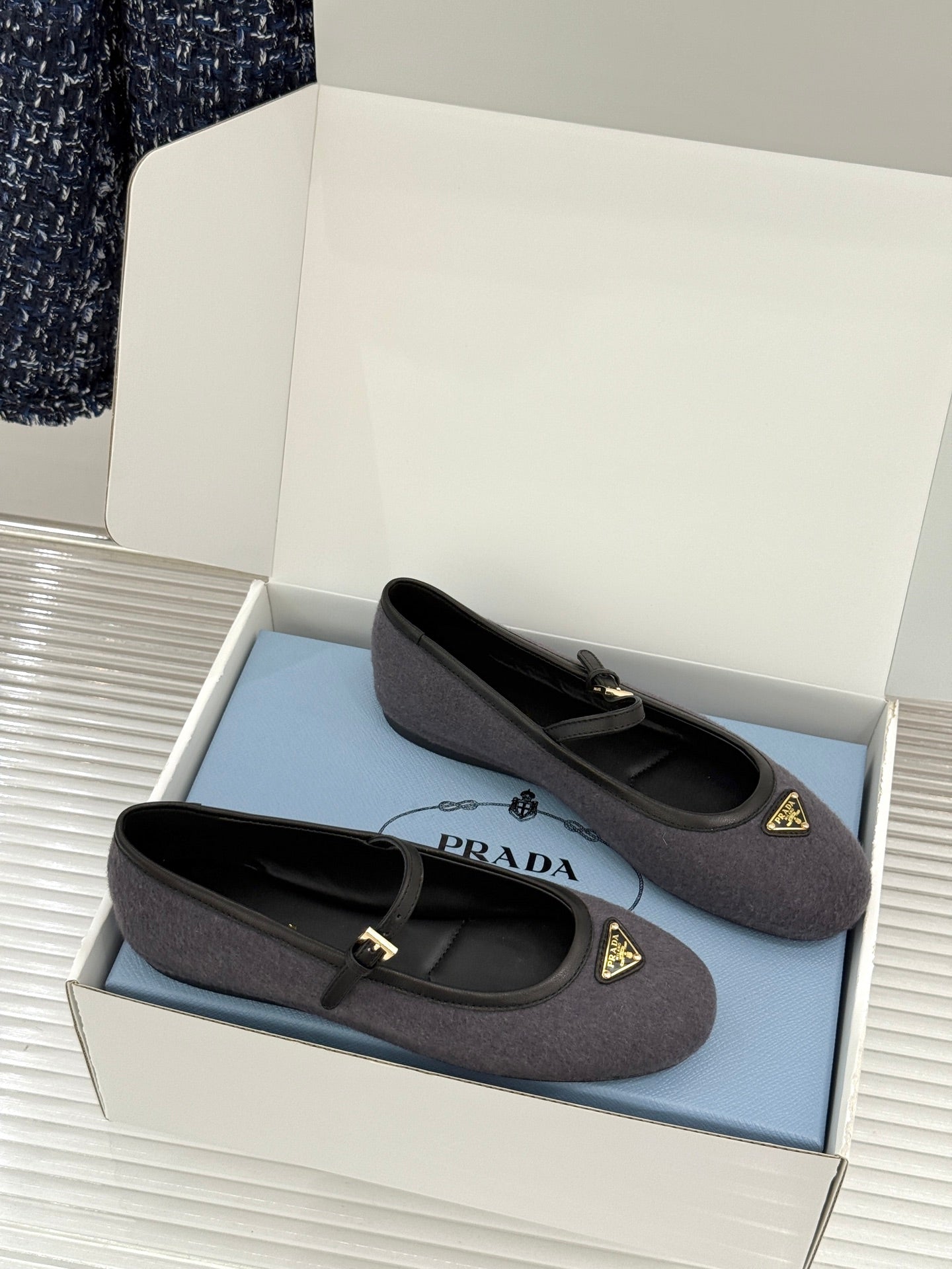 PRADA 26S MARY JANE  FLATS IN CHARCOAL GREY FELTED FABRIC