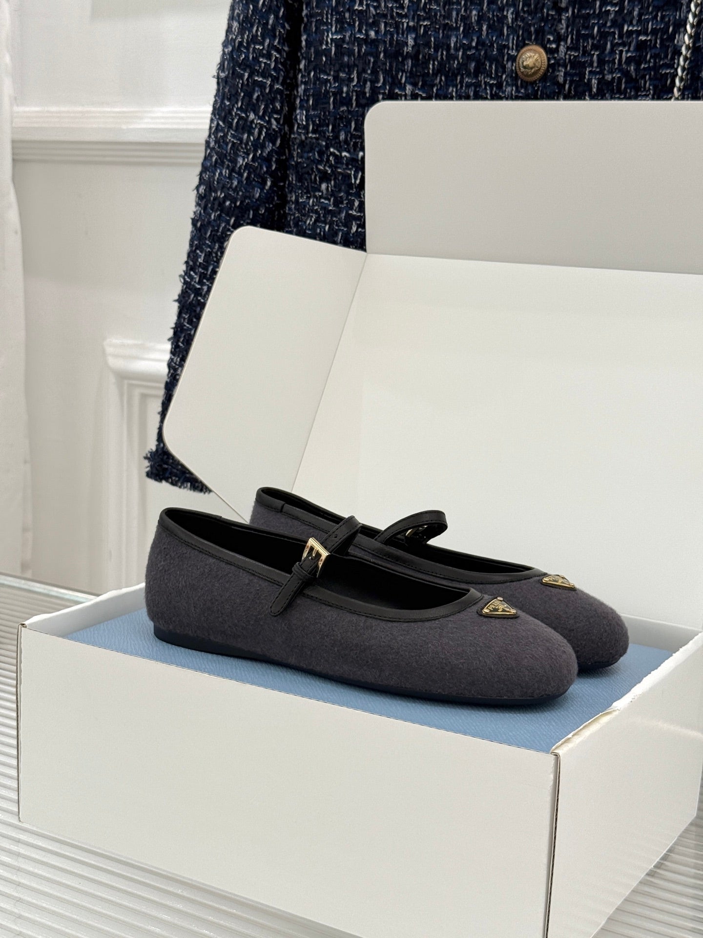 PRADA 26S MARY JANE  FLATS IN CHARCOAL GREY FELTED FABRIC