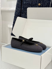 PRADA 26S MARY JANE  FLATS IN CHARCOAL GREY FELTED FABRIC