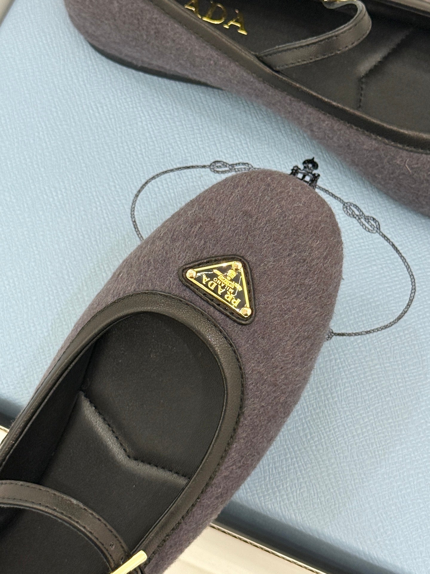 PRADA 26S MARY JANE  FLATS IN CHARCOAL GREY FELTED FABRIC