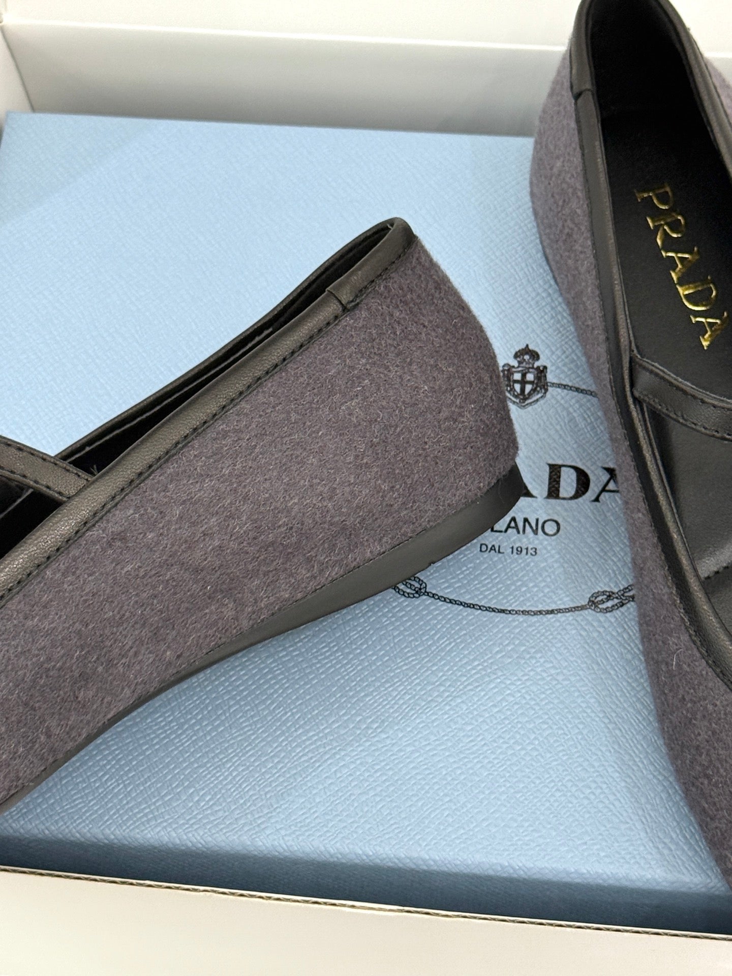 PRADA 26S MARY JANE  FLATS IN CHARCOAL GREY FELTED FABRIC