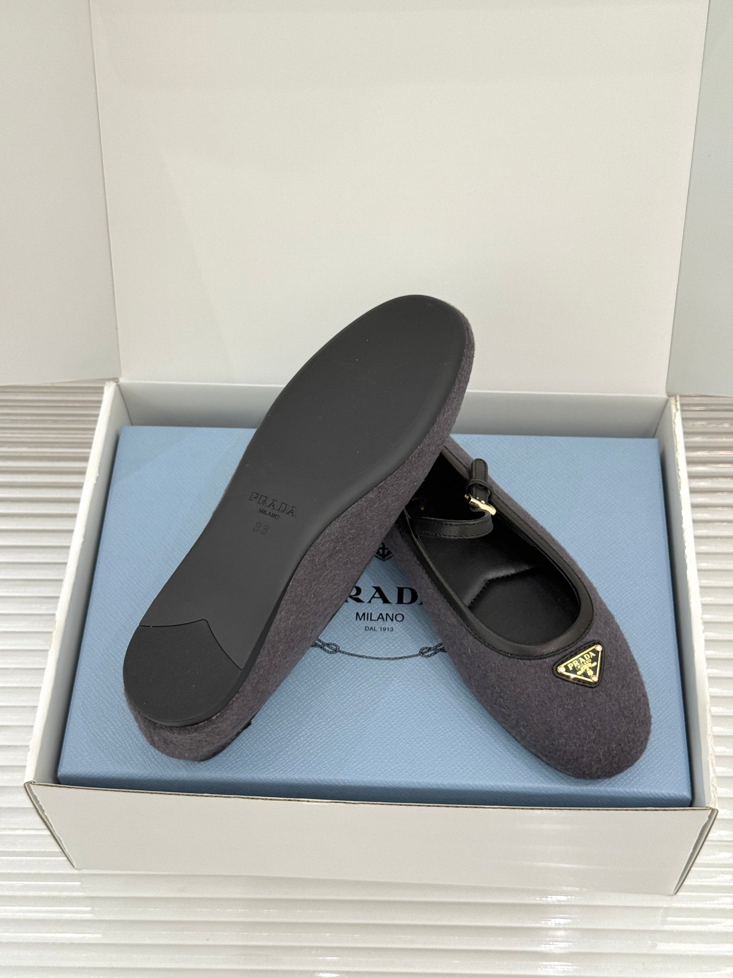 PRADA 26S MARY JANE  FLATS IN CHARCOAL GREY FELTED FABRIC