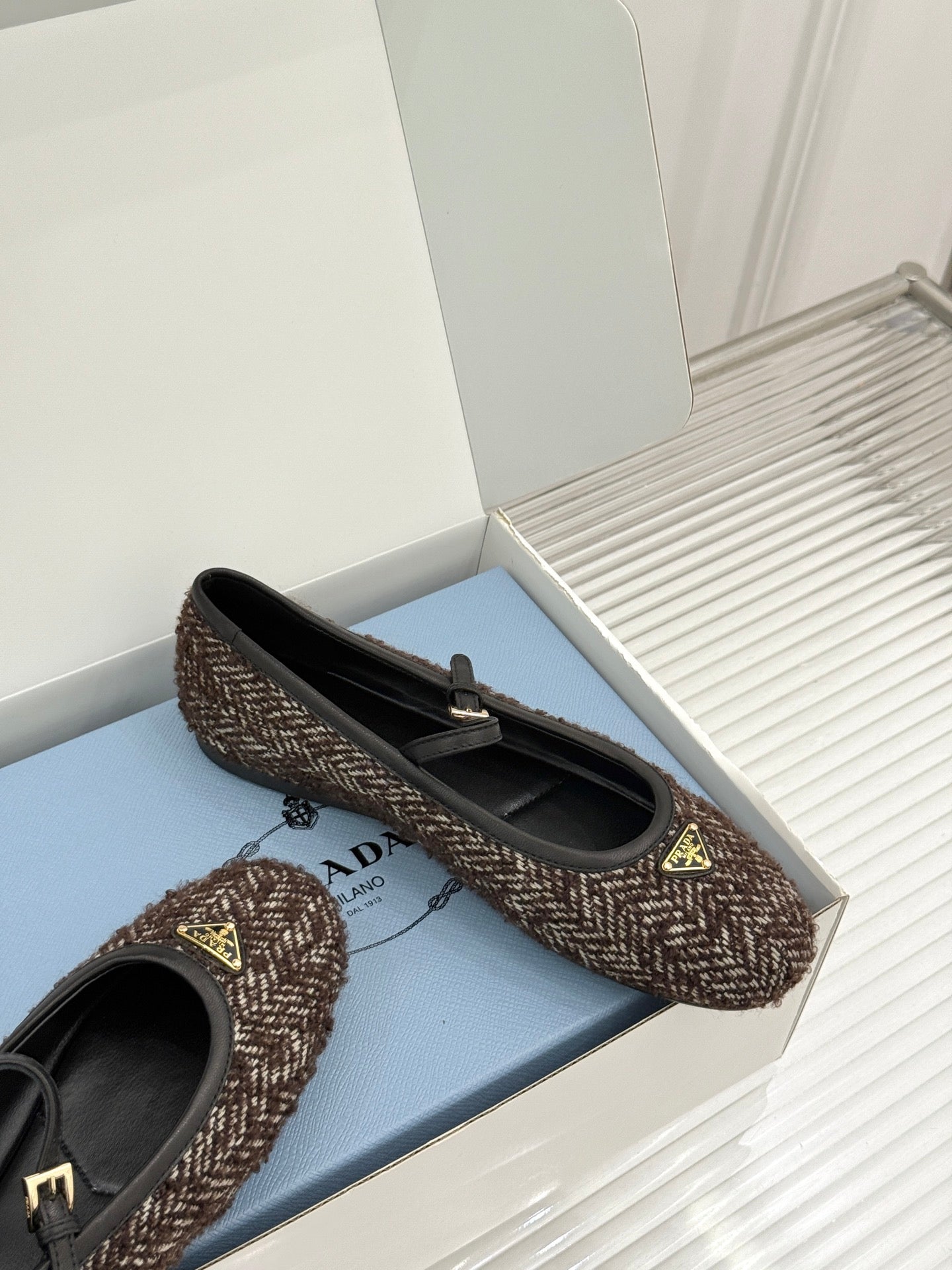 PRADA 26S MARY JANE  FLATS IN DARK BROWN TWEED