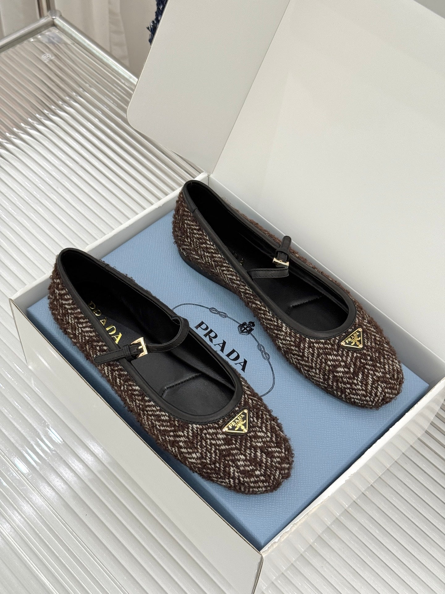 PRADA 26S MARY JANE  FLATS IN DARK BROWN TWEED