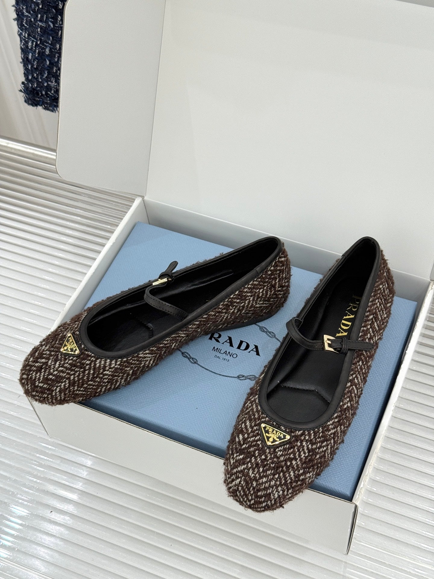PRADA 26S MARY JANE  FLATS IN DARK BROWN TWEED
