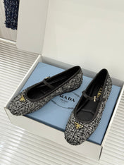 PRADA 26S MARY JANE  FLATS IN BLACK MIX WHITE TWEED