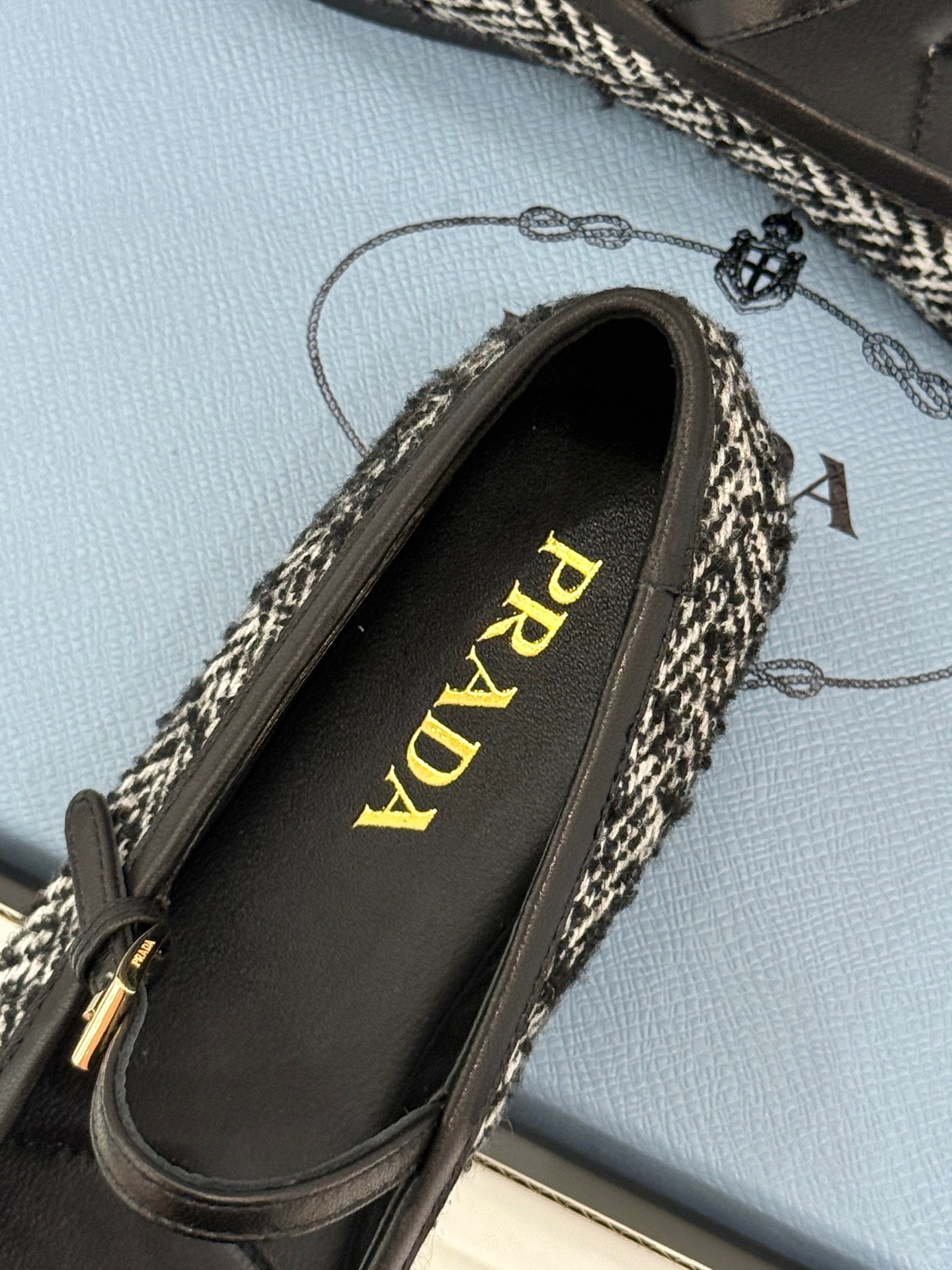 PRADA 26S MARY JANE  FLATS IN BLACK MIX WHITE TWEED