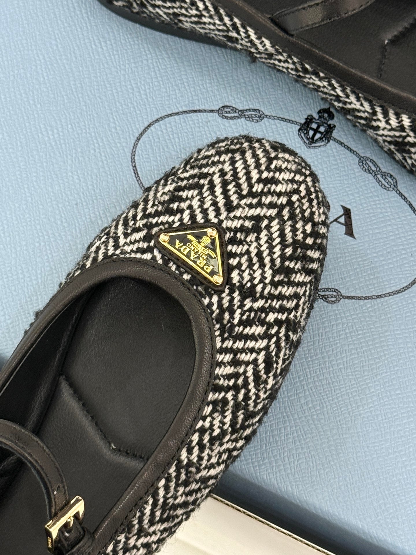 PRADA 26S MARY JANE  FLATS IN BLACK MIX WHITE TWEED