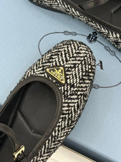 PRADA 26S MARY JANE  FLATS IN BLACK MIX WHITE TWEED