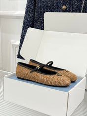 PRADA 26S MARY JANE  FLATS IN COGNAC BROWN TWEED