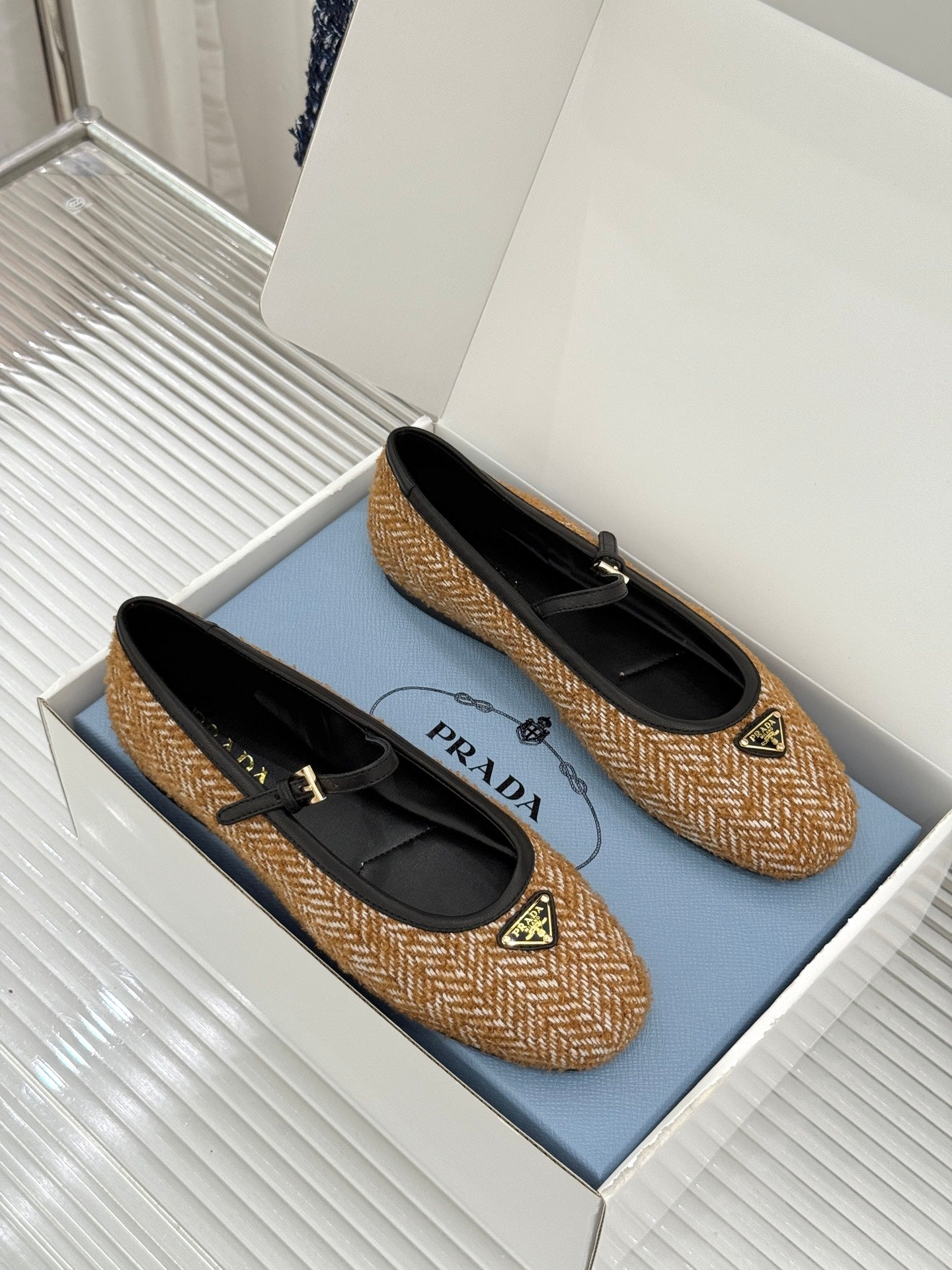 PRADA 26S MARY JANE  FLATS IN COGNAC BROWN TWEED