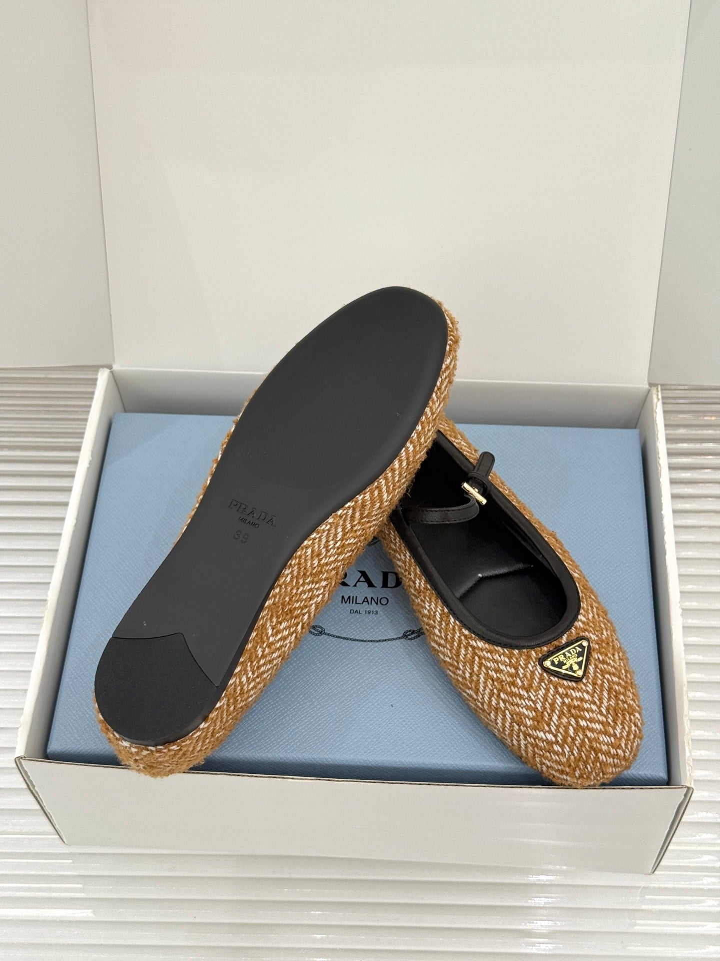PRADA 26S MARY JANE  FLATS IN COGNAC BROWN TWEED