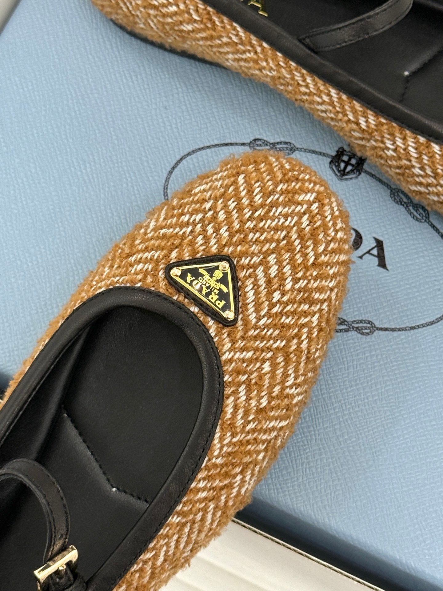 PRADA 26S MARY JANE  FLATS IN COGNAC BROWN TWEED