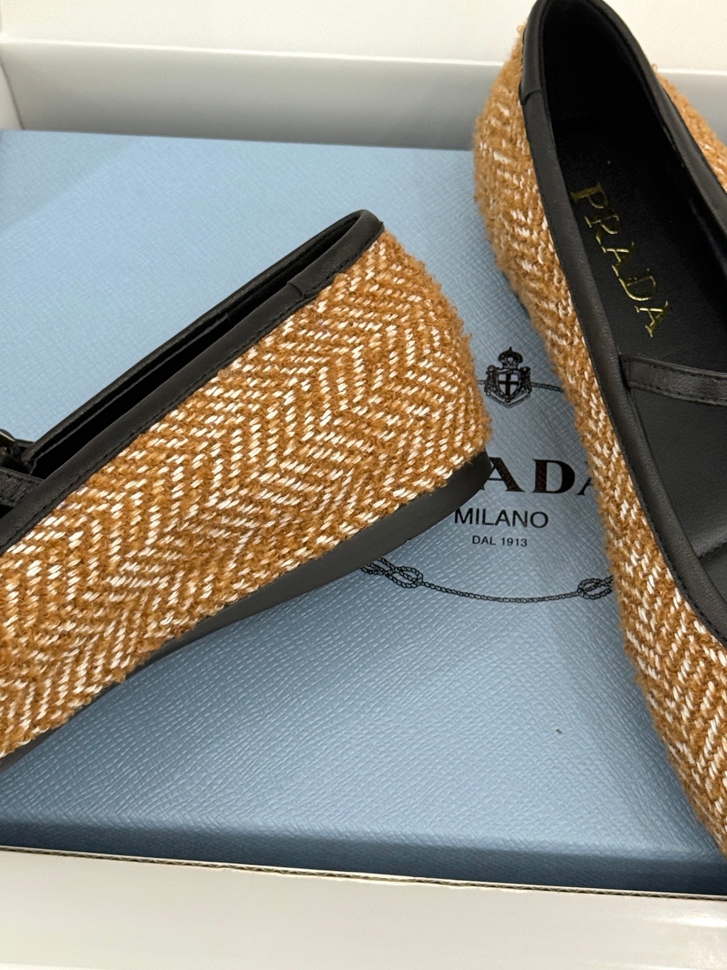 PRADA 26S MARY JANE  FLATS IN COGNAC BROWN TWEED