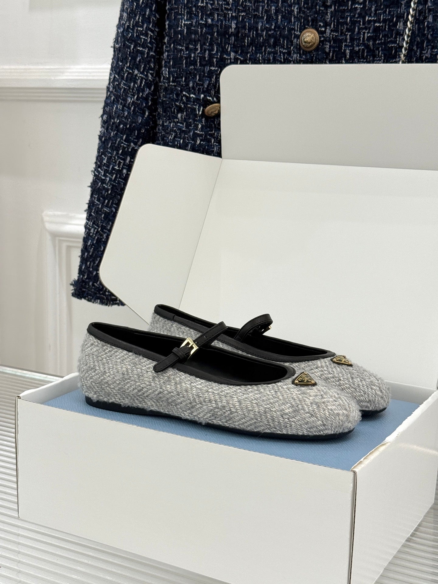 PRADA 26S MARY JANE  FLATS IN LIGHT GREY TWEED