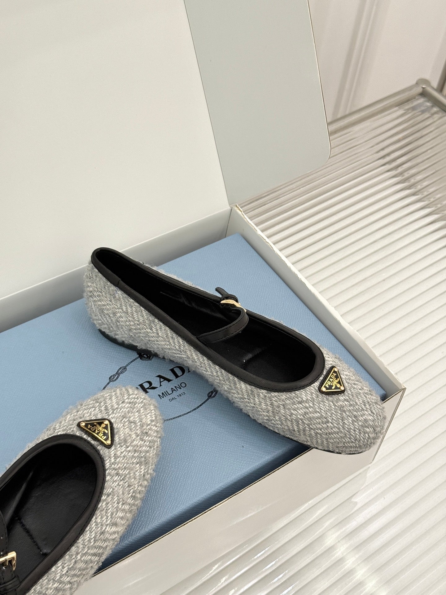 PRADA 26S MARY JANE  FLATS IN LIGHT GREY TWEED