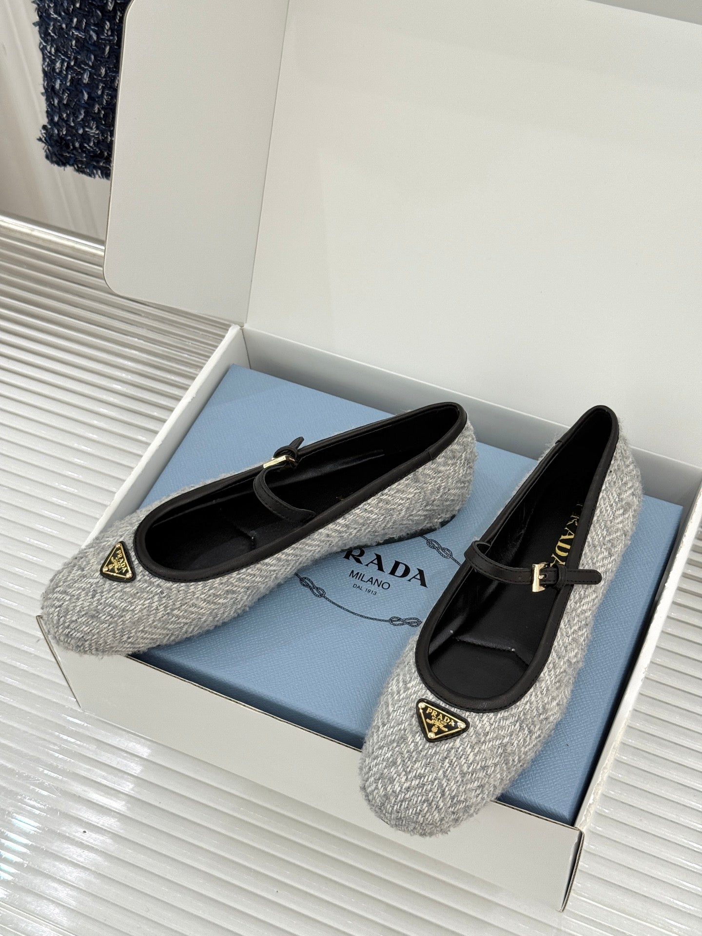 PRADA 26S MARY JANE  FLATS IN LIGHT GREY TWEED
