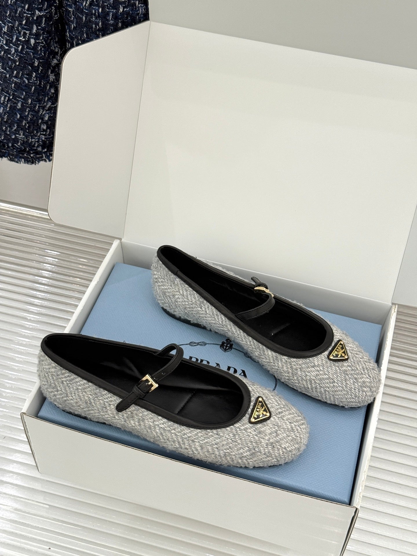 PRADA 26S MARY JANE  FLATS IN LIGHT GREY TWEED
