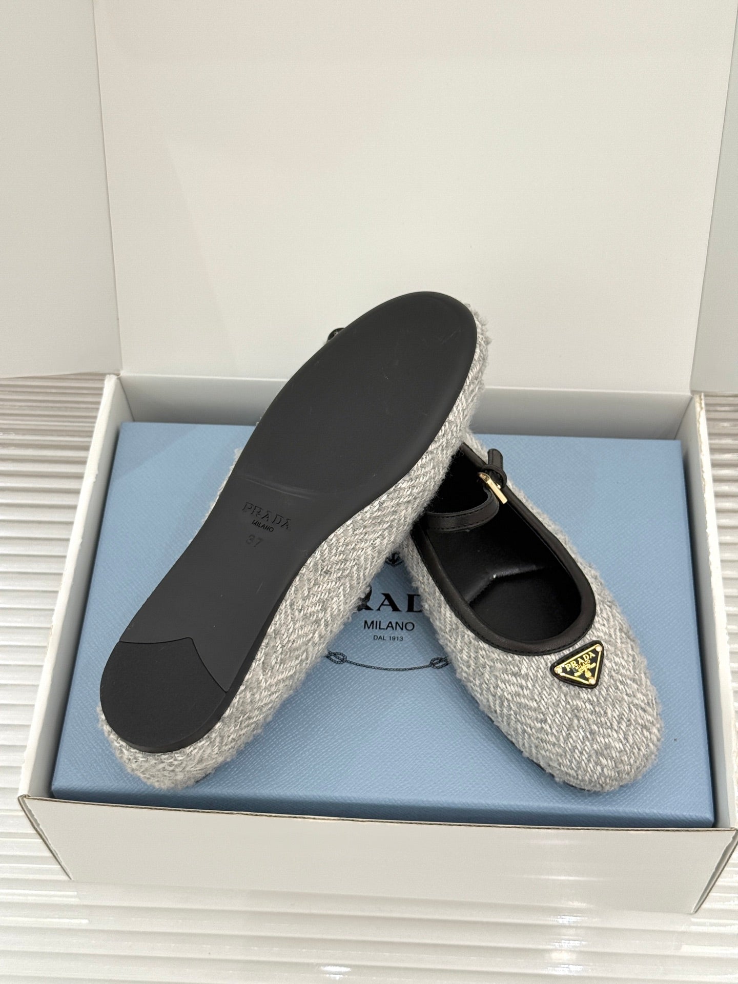 PRADA 26S MARY JANE  FLATS IN LIGHT GREY TWEED