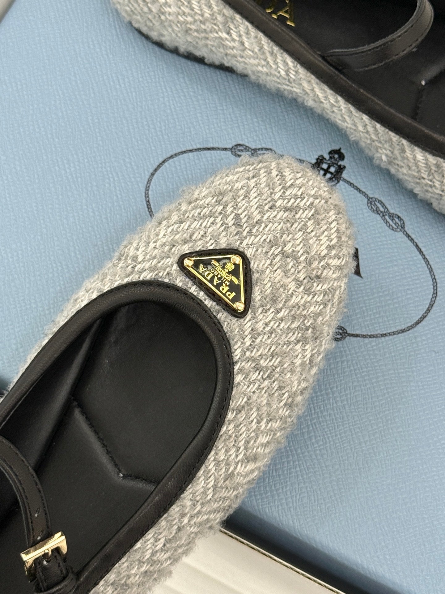 PRADA 26S MARY JANE  FLATS IN LIGHT GREY TWEED