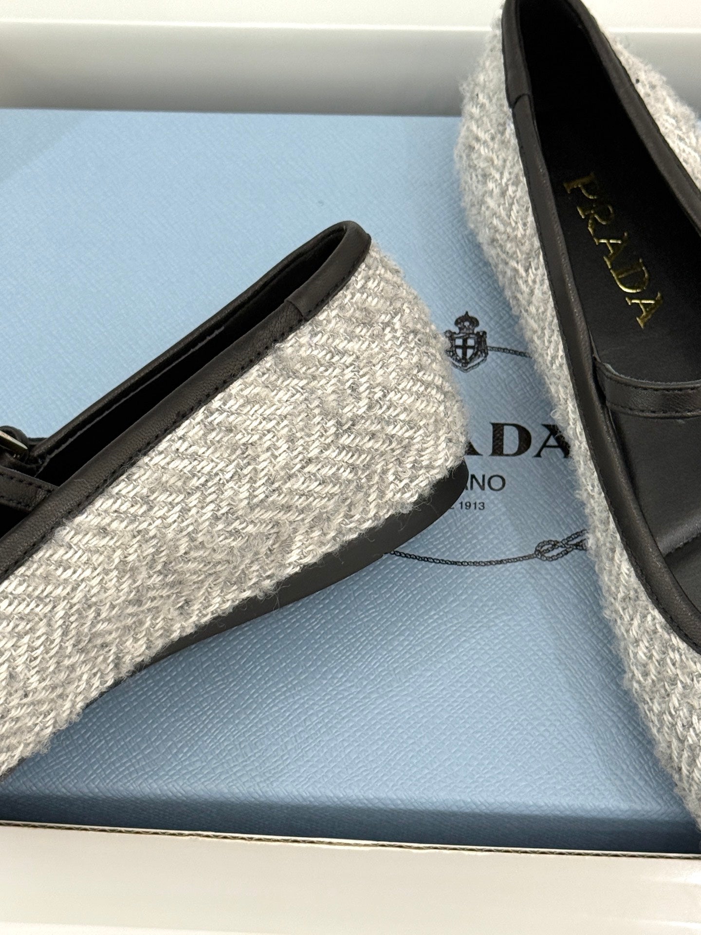 PRADA 26S MARY JANE  FLATS IN LIGHT GREY TWEED