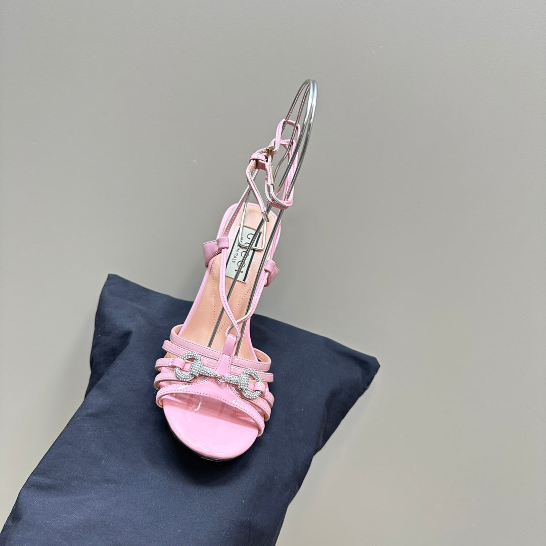 CRYSTAL HORSEBIT STRAPPY SANDAL 10.5CM IN LIGHT PINK PATENT LEATHER