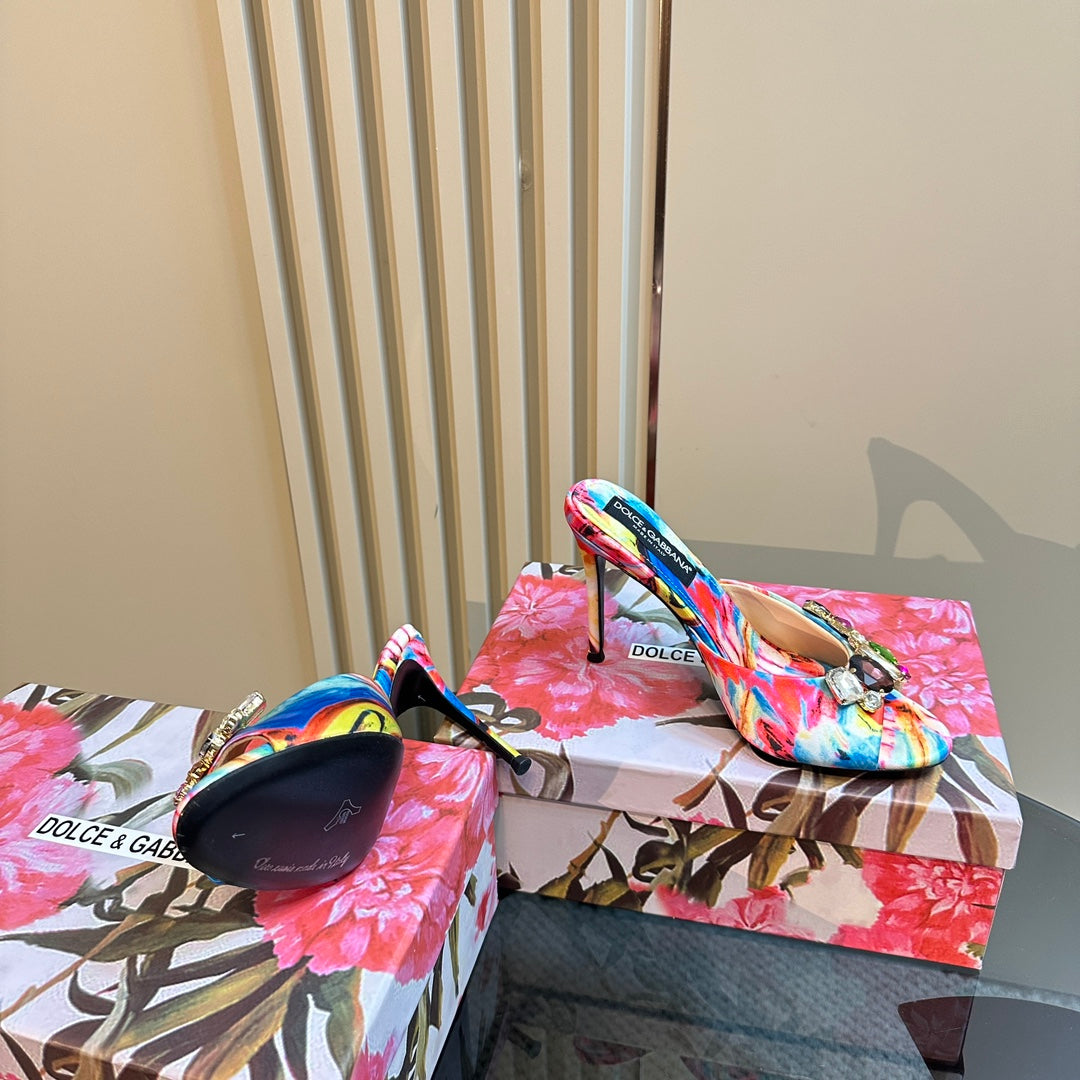 DG 100MM FOOTWEAR – MULTICOLOR SATIN MULES WITH CRYSTAL EMBELLISHMENTS