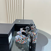 BIANCA PLATFORM SANDALS IN COLORFUL HEARTS PRINT VELVET
