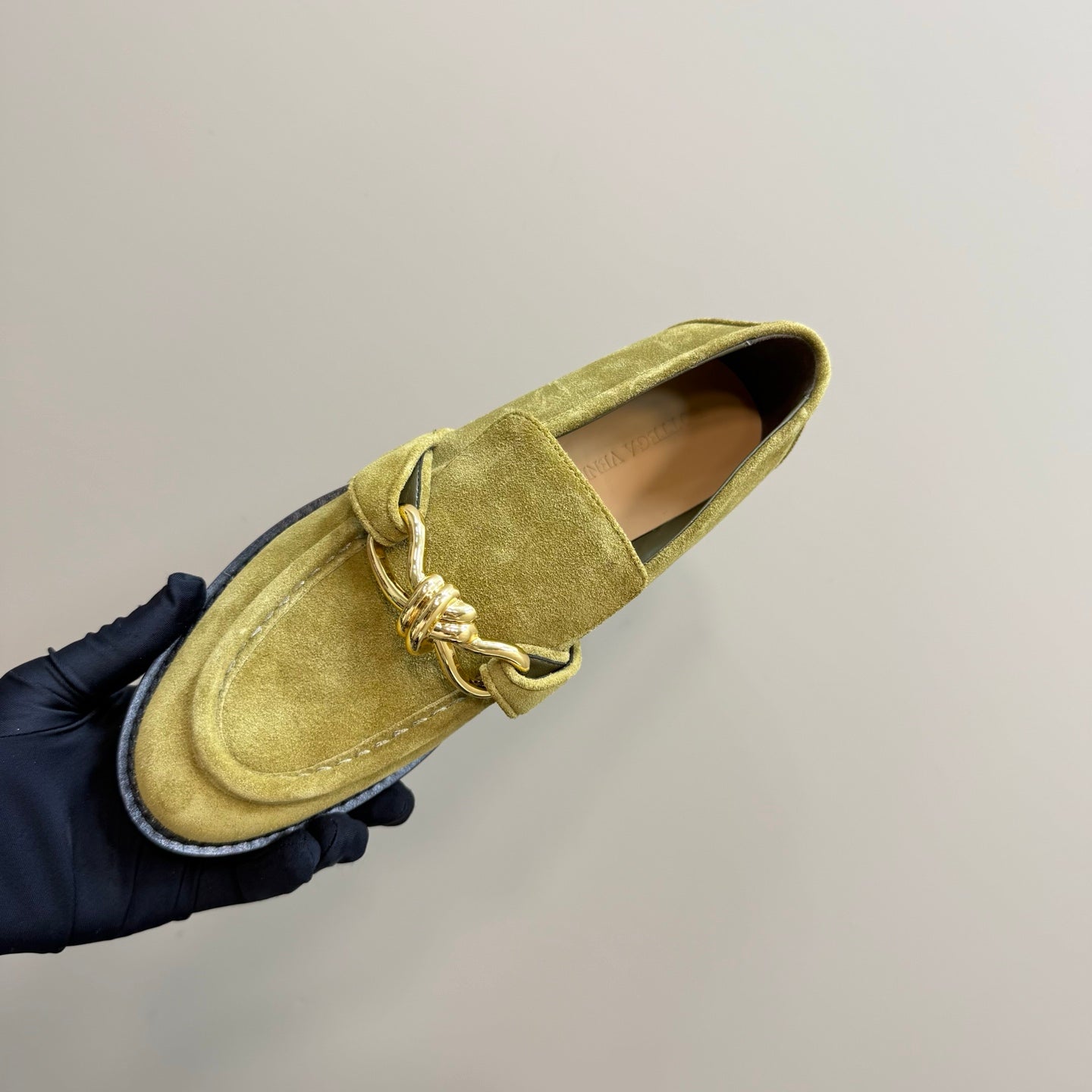 ASTAIRE LOAFER IN OLIVE GREEN SUEDE WITH GOLD HARDWARE